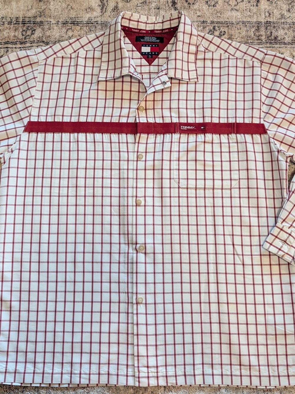 Vintage 90s Tommy Hilfiger Men’s White Shirt with Red Windowpane Check